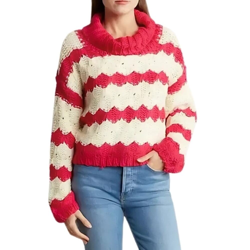 Gary Collective Preppy Chic Striped Turtleneck Pink Cream Cozy Knit Sweater L